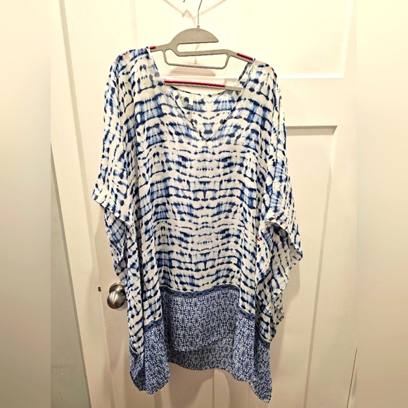 Hawaiian Tropic Tie-Dye Tunic Top Blue White Boho Beachwear P/S - Picture 1 of 9